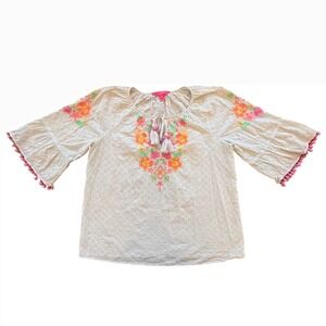 Lilly Pulitzer Morgan White Eyelet Embroidered Tassel Pom Pom Tunic Top Medium